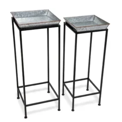 Square Nesting Plant Stands With Galvanized Trays, Set Of 2